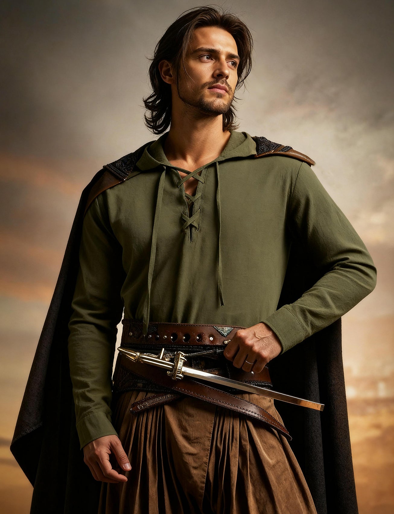 JEMITOP Men's Pure Cotton Retro Style Lace Up Hooded Shirts for Renaissance Pirate Viking Medieval Costume