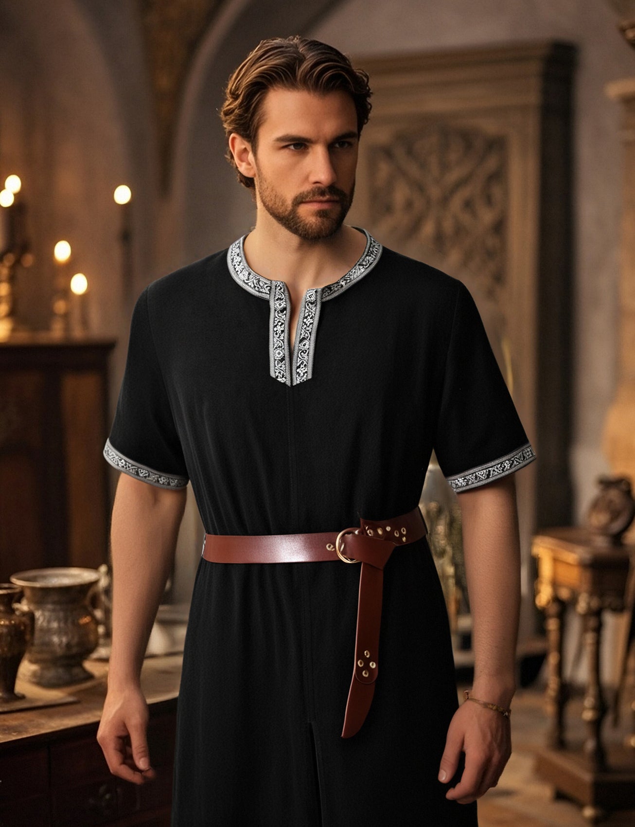 JEMITOP Men's Retro Style Cotton Short Sleeves Tunic Shirts for Viking Medieval Renaissance Costume Without Belt