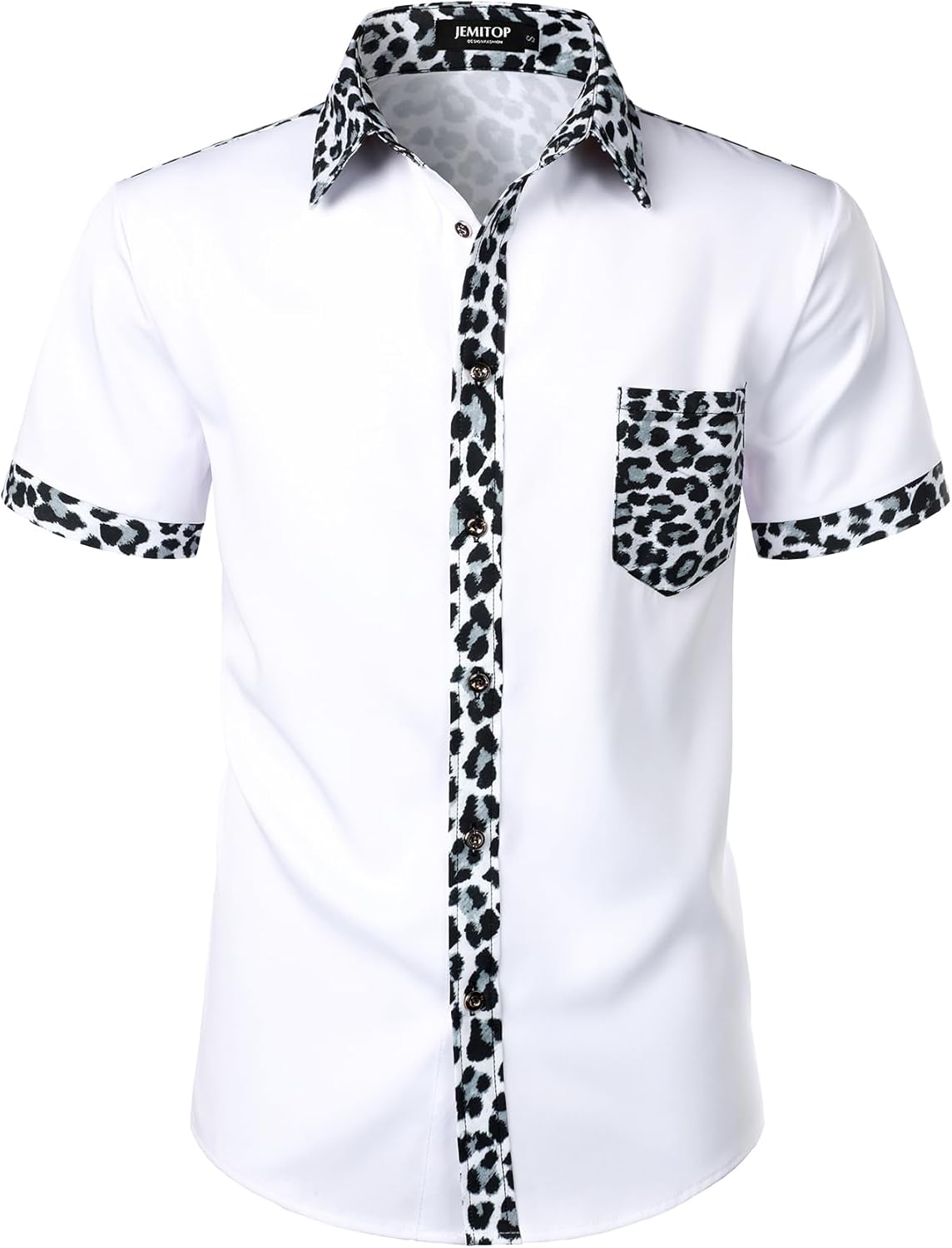 JEMITOP Men's Stretchy Causal Leopard Cheetah Print Short Sleeve Slim Fit Button Up Shirt