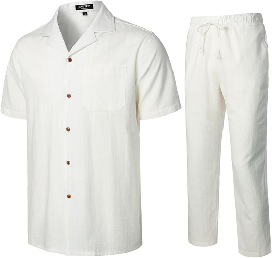 JEMITOP Men's 2 Piece Outfits Summer Relaxed Fit Walking Suit Casual Cuban Guayabera Shirt and Pants Set Beach Vacation