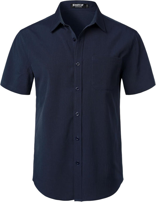 JEMITOP Men's Stretch Wrinkle Free Short Sleeve Texture Shirt Lightweight Summer Button Down Shirts for Beach Vacation