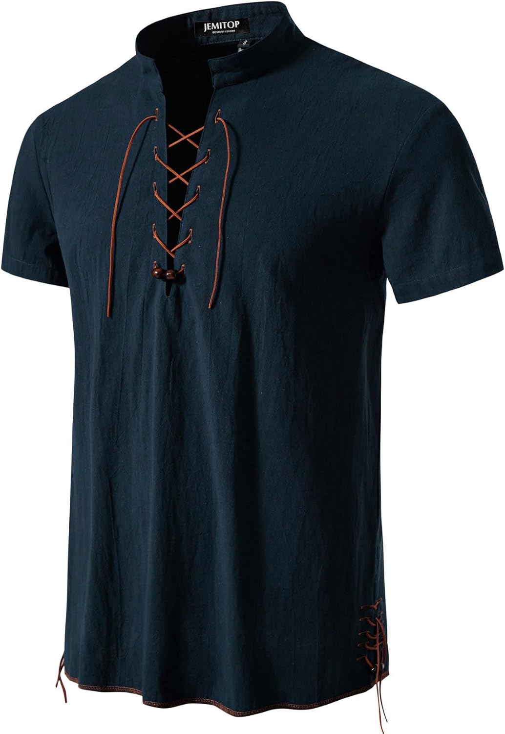 JEMITOP Men's Pure Cotton Vintage Short Sleeve Lace Up Shirts for Renaissance Pirate Viking Medieval Costume