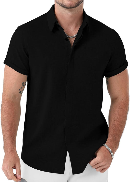 JEMITOP Men's Stretch Like Linen Short Sleeve Button Down Shirts Summer Casual Beach Vacation Wedding Texture Shirt