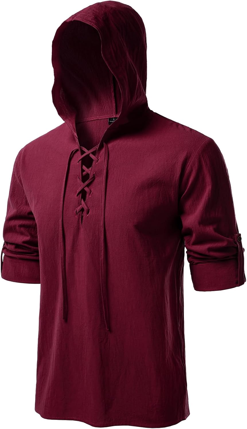JEMITOP Men's Pure Cotton Retro Style Lace Up Hooded Shirts for Renaissance Pirate Viking Medieval Costume