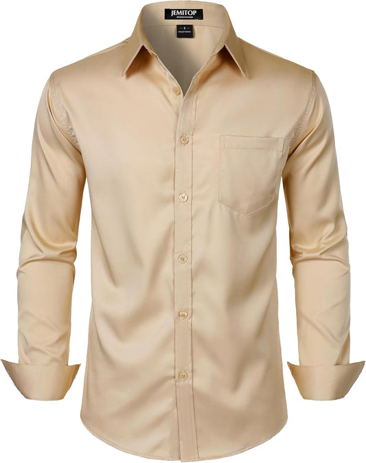 JEMITOP Men's Stretch Slim Fit Dress Shirts Formal Wedding Prom Business Long Sleeve Button Down Shirt with Pocket