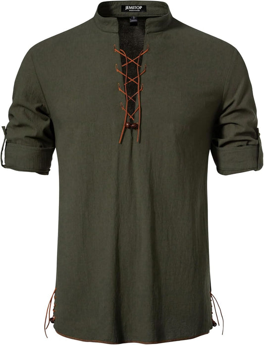 JEMITOP Men's Cotton Long Sleeve Lace Up Vintage Shirts for Renaissance Pirate Viking Medieval Costume