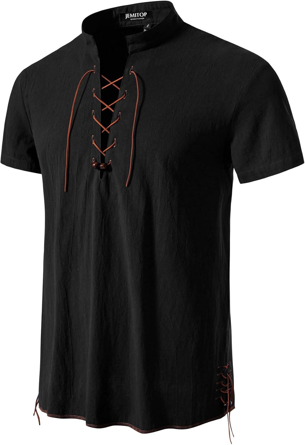 JEMITOP Men's Pure Cotton Vintage Short Sleeve Lace Up Shirts for Renaissance Pirate Viking Medieval Costume
