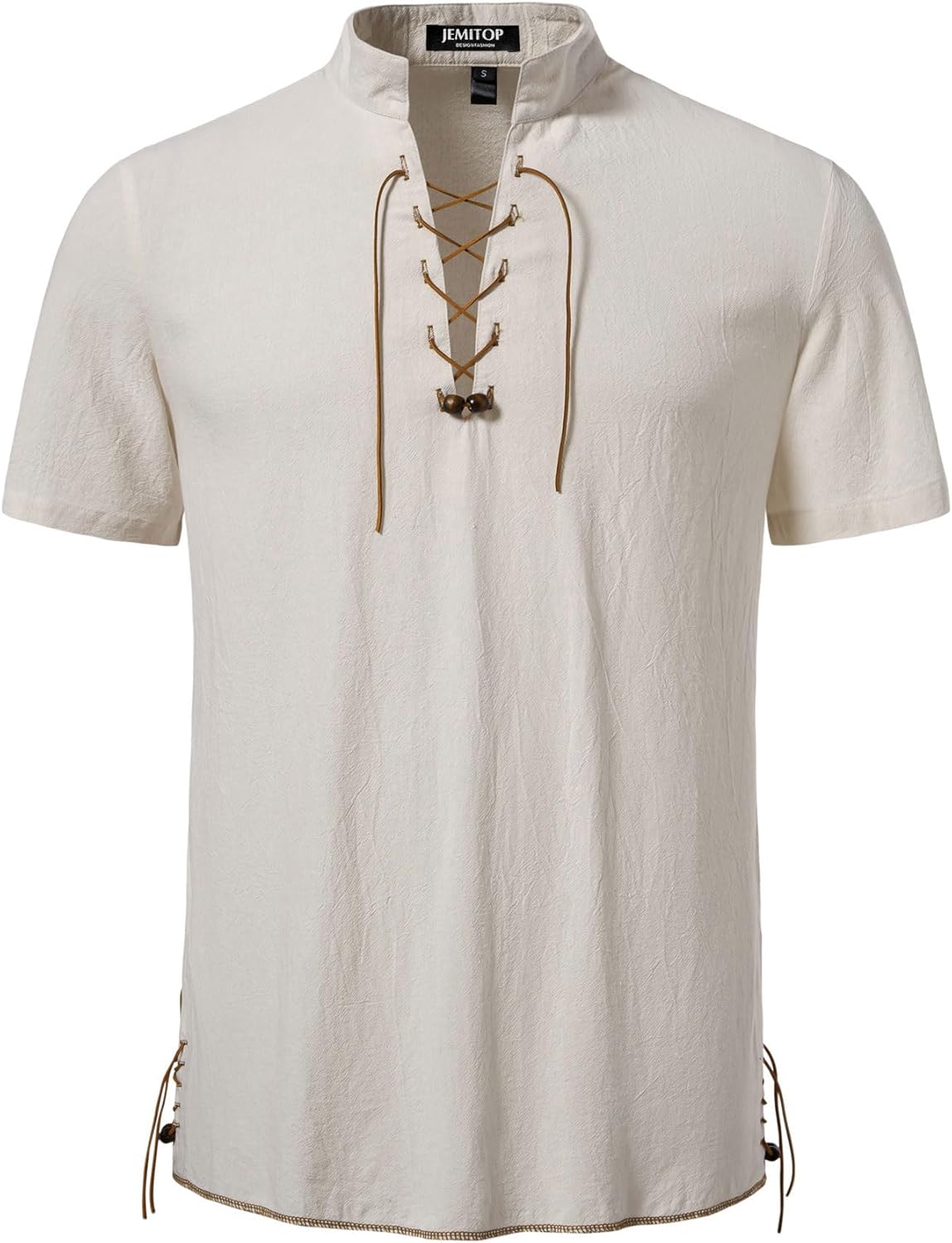JEMITOP Men's Pure Cotton Vintage Short Sleeve Lace Up Shirts for Renaissance Pirate Viking Medieval Costume
