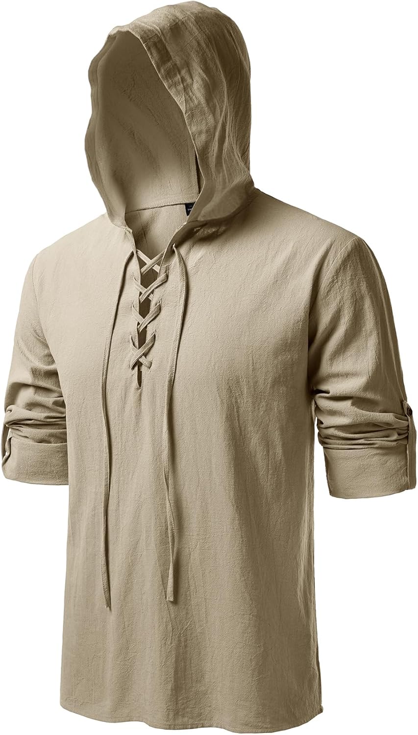 JEMITOP Men's Pure Cotton Retro Style Lace Up Hooded Shirts for Renaissance Pirate Viking Medieval Costume