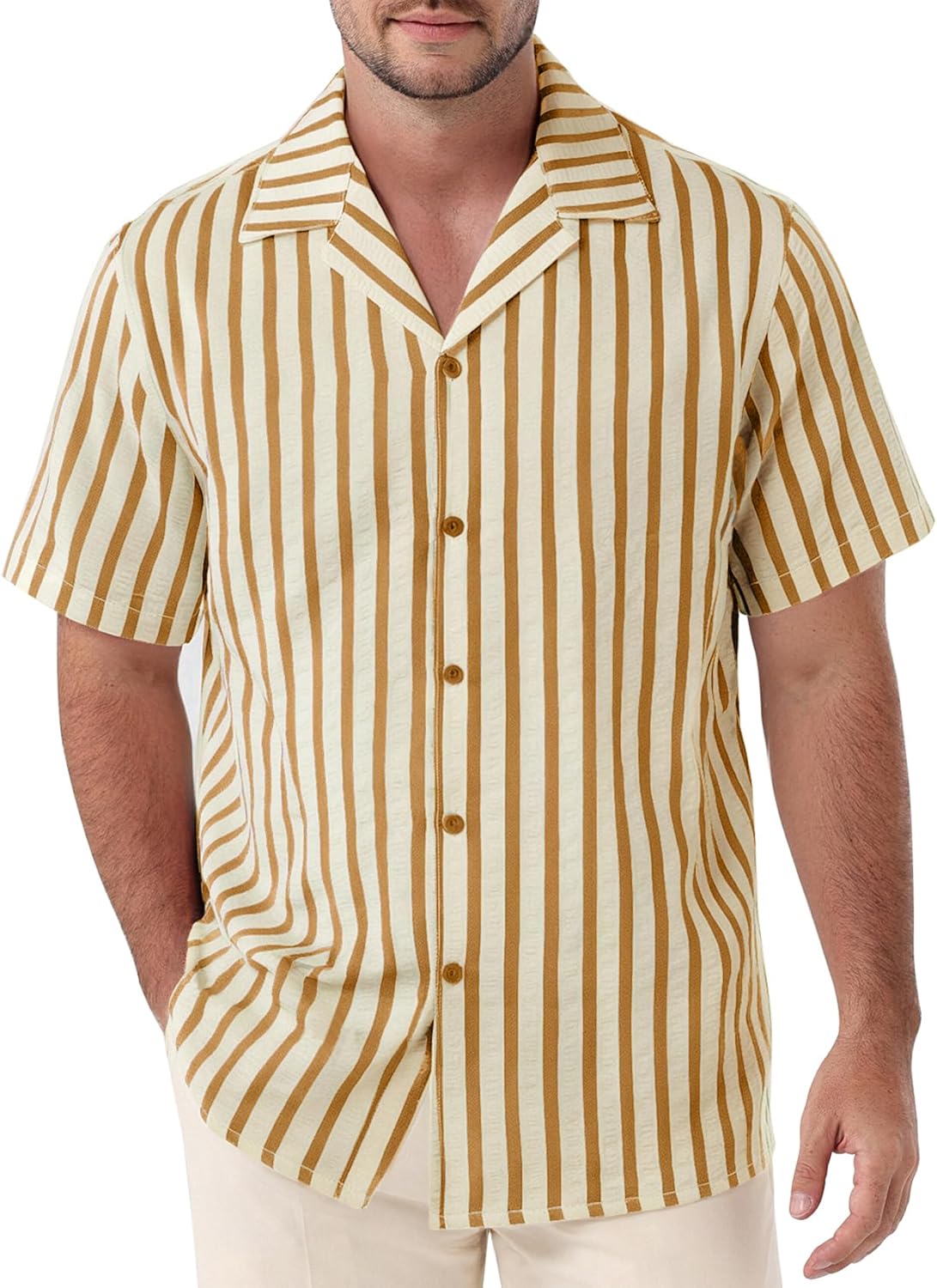 JEMITOP Men's Classic Striped Seersucker Cuban Collar Shirt Short Sleeve Button Down Texture Shirts for Beach Vacation