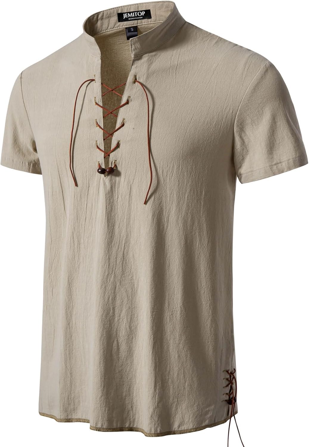 JEMITOP Men's Pure Cotton Vintage Short Sleeve Lace Up Shirts for Renaissance Pirate Viking Medieval Costume