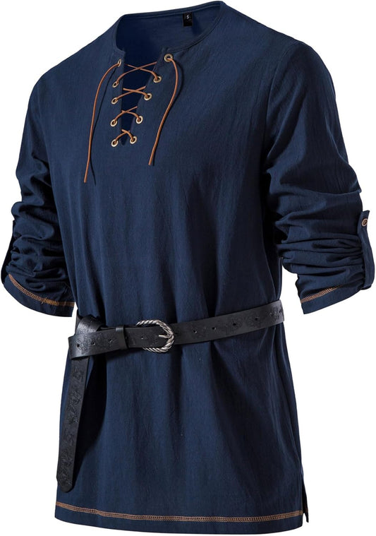 JEMITOP Men's Pure Cotton Lace Up Retro Shirts for Pirate Renaissance Medieval Viking Costume Without Belt