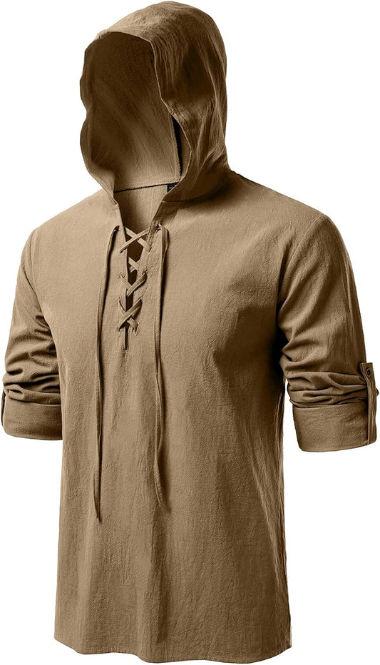 JEMITOP Men's Pure Cotton Retro Style Lace Up Hooded Shirts for Renaissance Pirate Viking Medieval Costume
