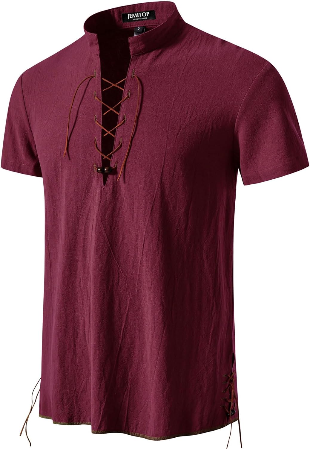 JEMITOP Men's Pure Cotton Vintage Short Sleeve Lace Up Shirts for Renaissance Pirate Viking Medieval Costume