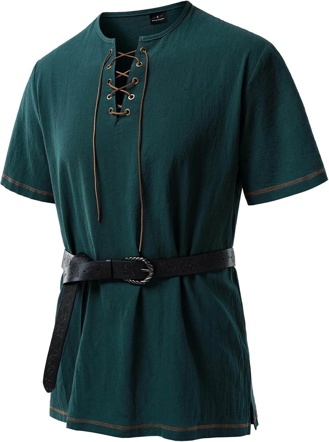 JEMOTOP Men's Pure Cotton Retro Short Sleeves Lace Up Shirts for Casual Renaissance Pirate Medieval Viking Without Belt