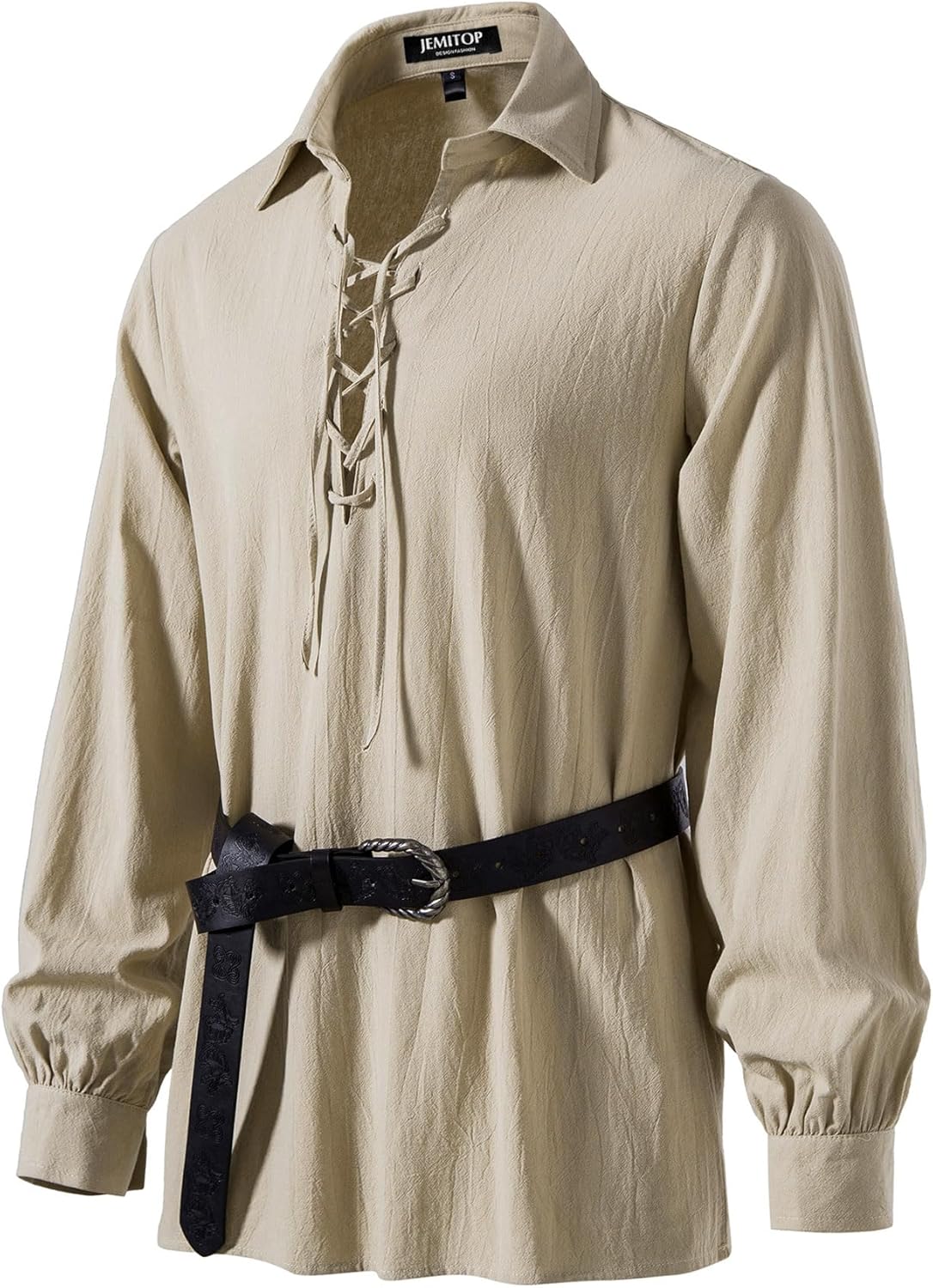JEMITOP Men's Cotton Lace Up Retro Design Shirts for Renaissance Pirate Viking Medieval Costume Without Belt