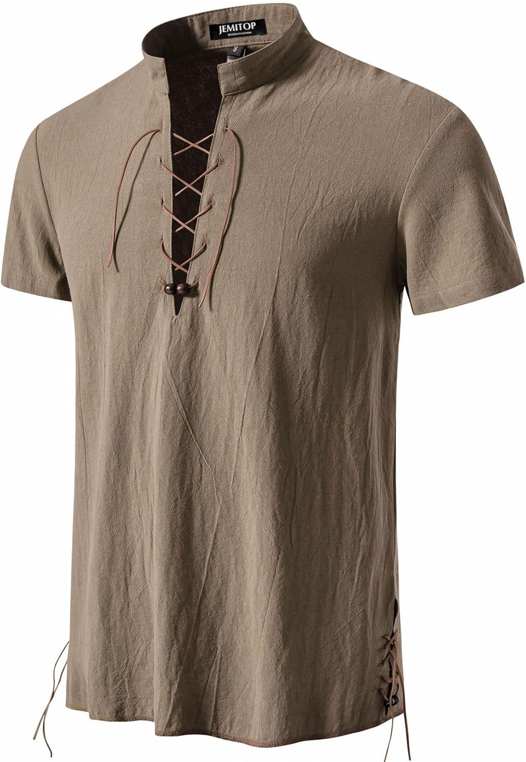 JEMITOP Men's Pure Cotton Vintage Short Sleeve Lace Up Shirts for Renaissance Pirate Viking Medieval Costume