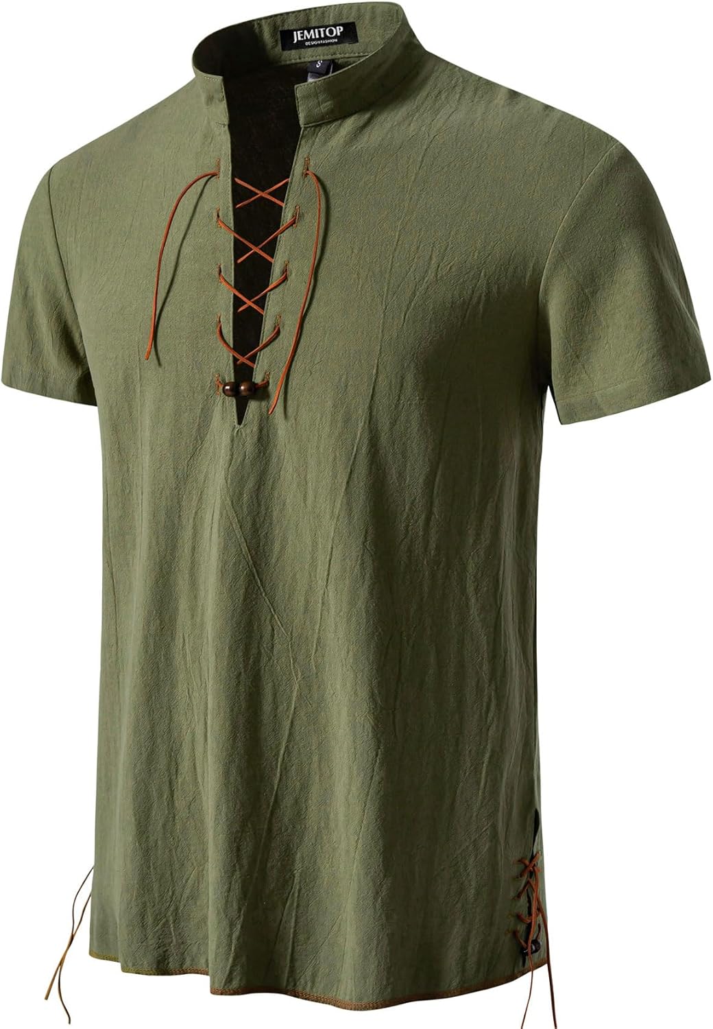 JEMITOP Men's Pure Cotton Vintage Short Sleeve Lace Up Shirts for Renaissance Pirate Viking Medieval Costume