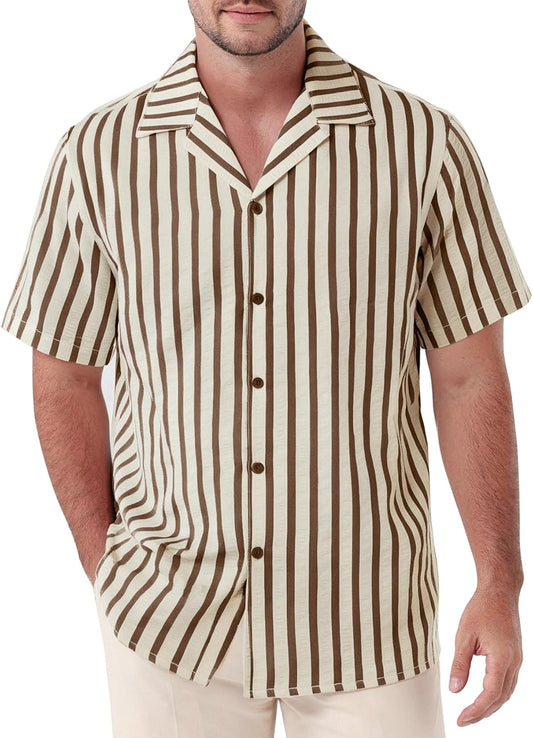 JEMITOP Men's Classic Striped Seersucker Cuban Collar Shirt Short Sleeve Button Down Texture Shirts for Beach Vacation