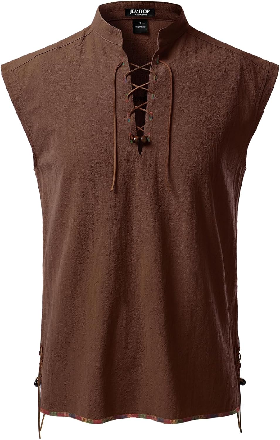 JEMITOP Men's Retro Pure Cotton Lace Up Sleeveless Shirts for Pirate Renaissance Medieval Viking Costume