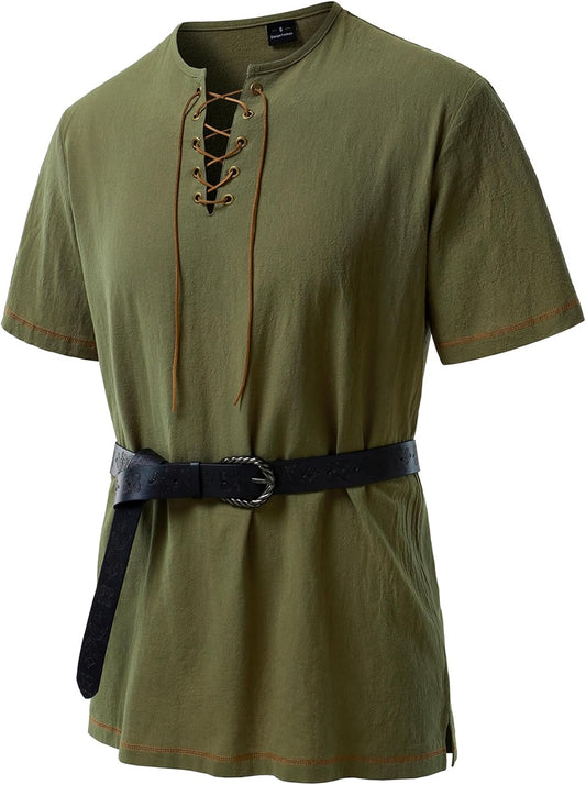 JEMOTOP Men's Pure Cotton Retro Short Sleeves Lace Up Shirts for Casual Renaissance Pirate Medieval Viking Without Belt