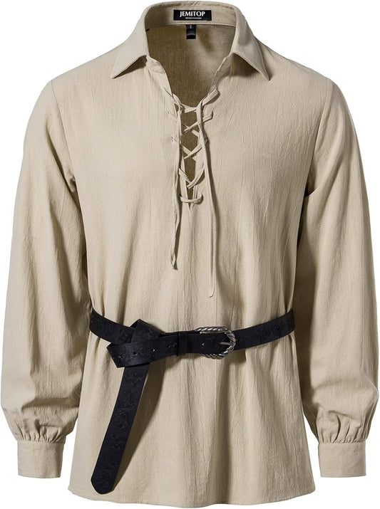 JEMITOP Men's Cotton Lace Up Retro Design Shirts for Renaissance Pirate Viking Medieval Costume Without Belt