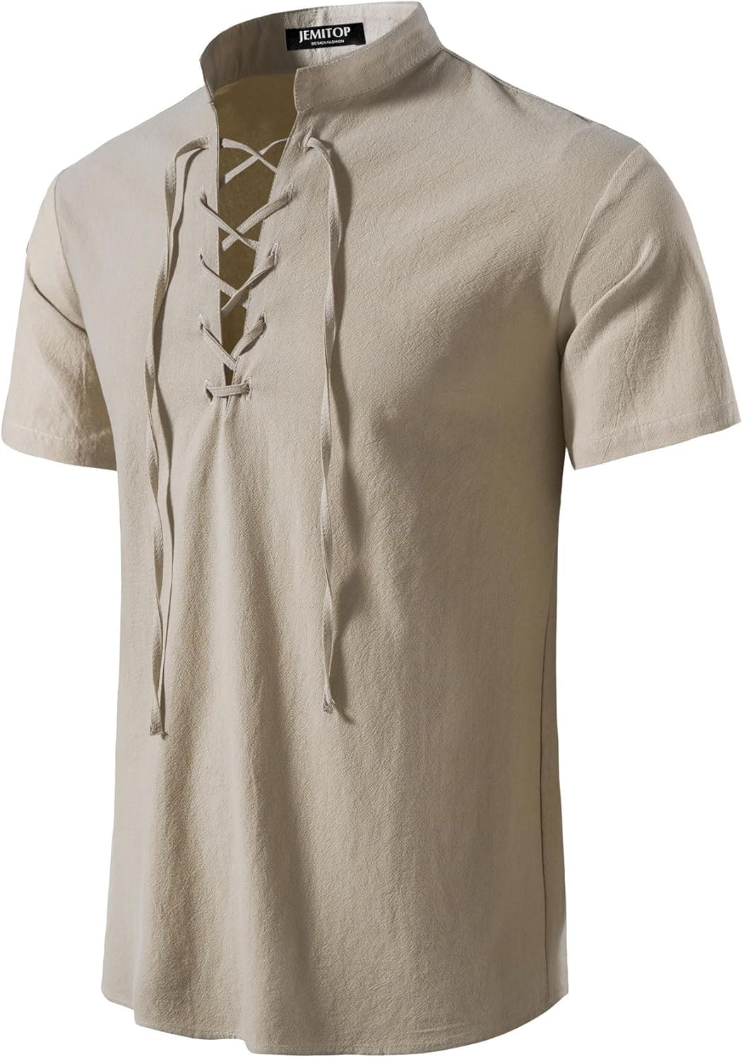 JEMITOP Men's Pure Cotton Vintage Short Sleeve Lace Up Shirts for Renaissance Pirate Viking Medieval Costume