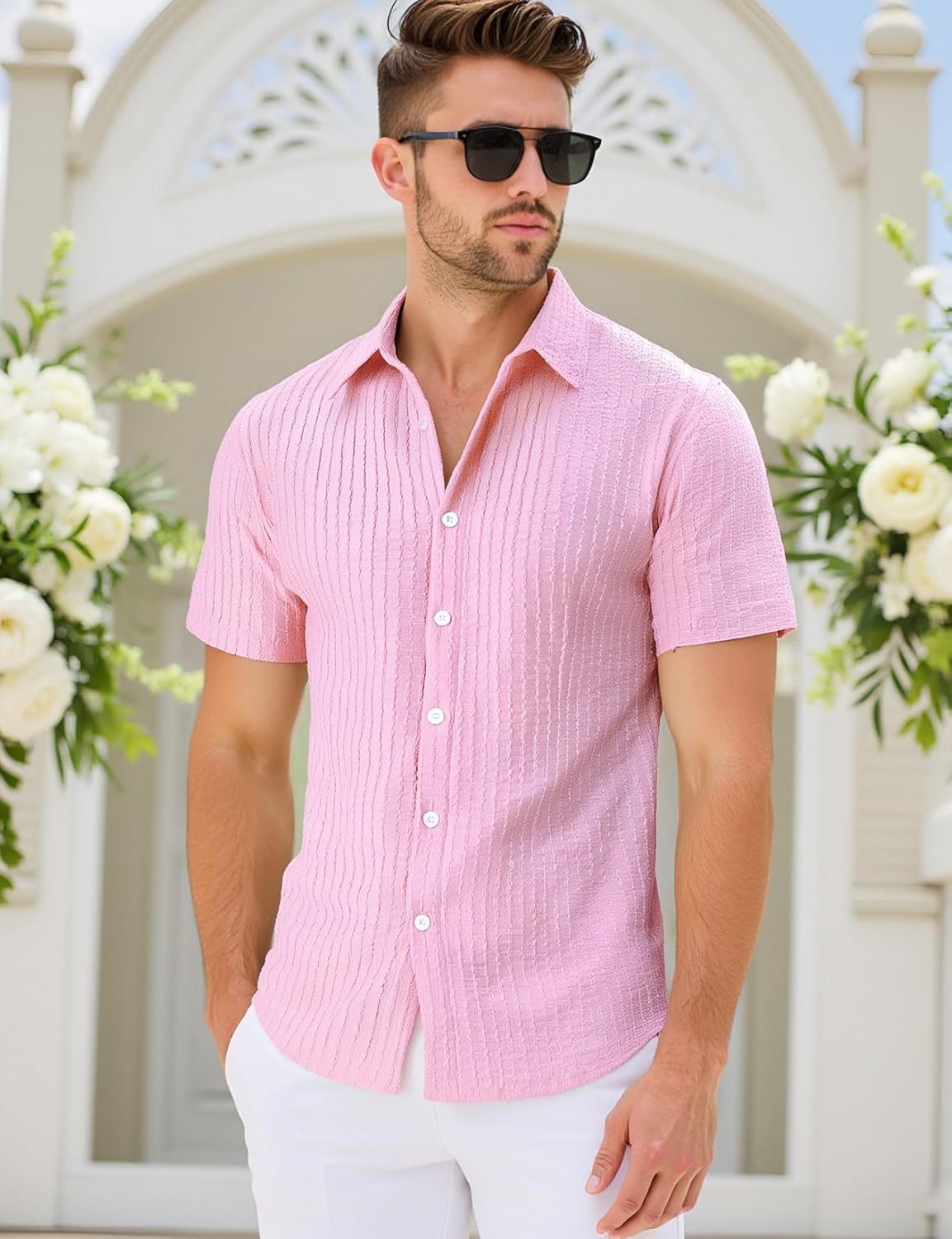 JEMITOP Men's Knit Shirt Summer Casual Short Sleeve Button Down Shirt for Beach Vacation
