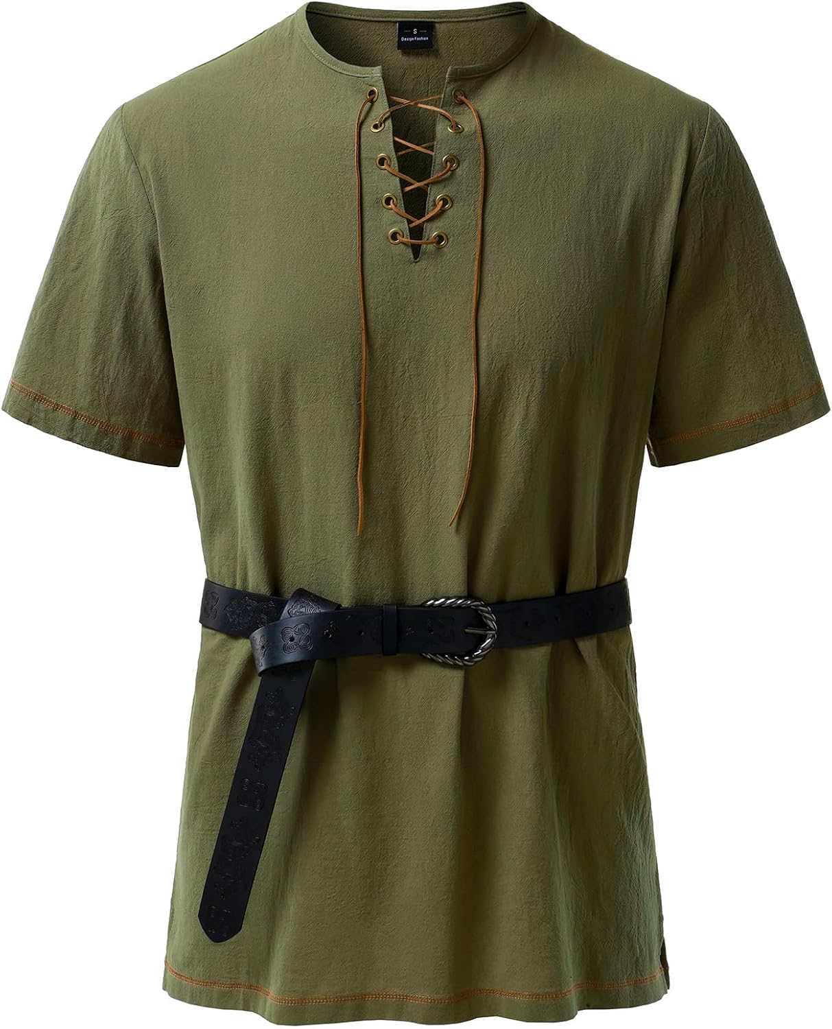 JEMOTOP Men's Pure Cotton Retro Short Sleeves Lace Up Shirts for Casual Renaissance Pirate Medieval Viking Without Belt