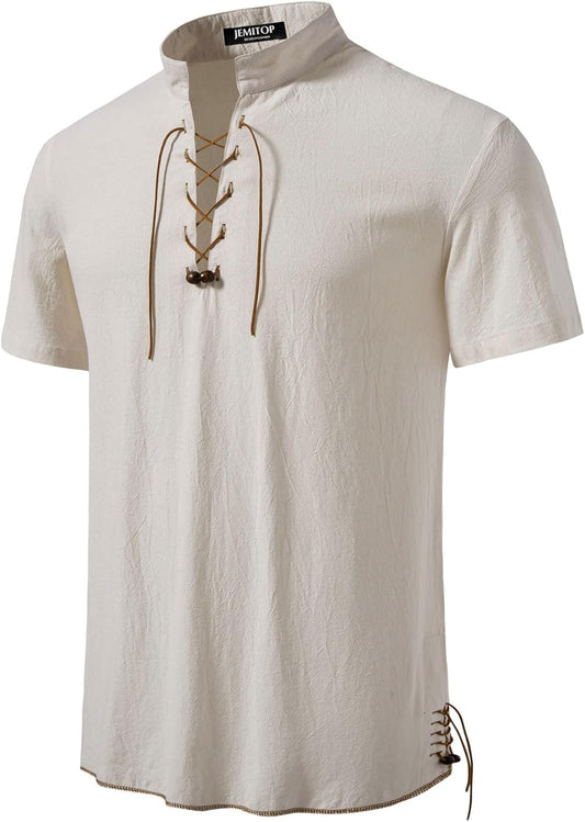 JEMITOP Men's Pure Cotton Vintage Short Sleeve Lace Up Shirts for Renaissance Pirate Viking Medieval Costume
