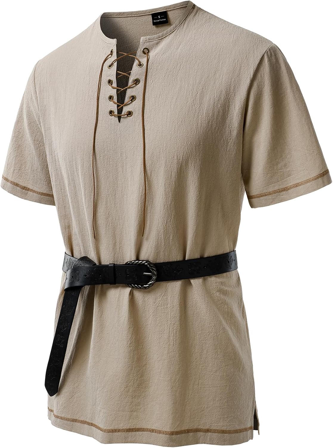 JEMOTOP Men's Pure Cotton Retro Short Sleeves Lace Up Shirts for Casual Renaissance Pirate Medieval Viking Without Belt