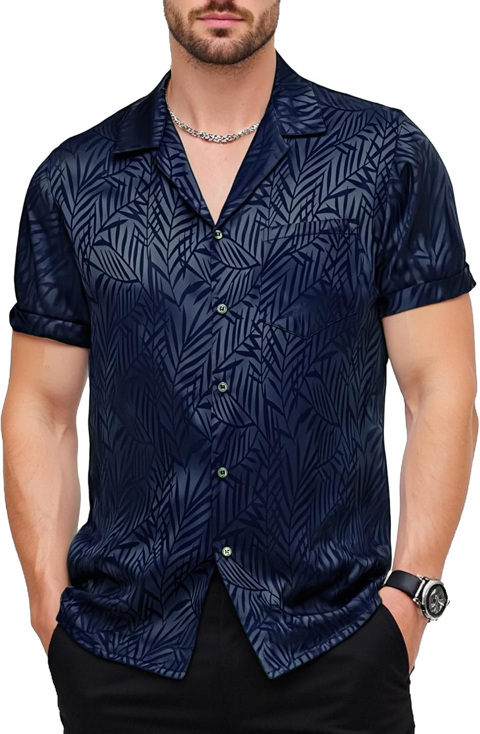 JEMITOP Mens Shiny Satin Silk-Like Designer Shirt Summer Regular Fit Short Sleeve Button Up Floral Shirt with Pocket