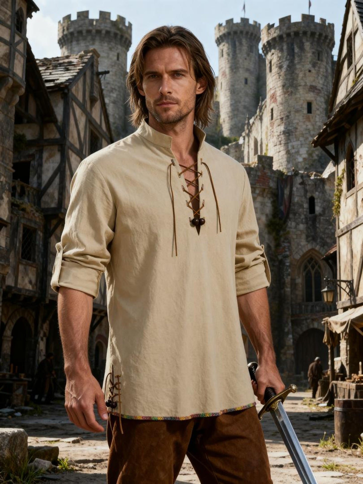 JEMITOP Men's Pure Cotton Retro Lace Up Shirts for Renaissance Pirate Viking Medieval