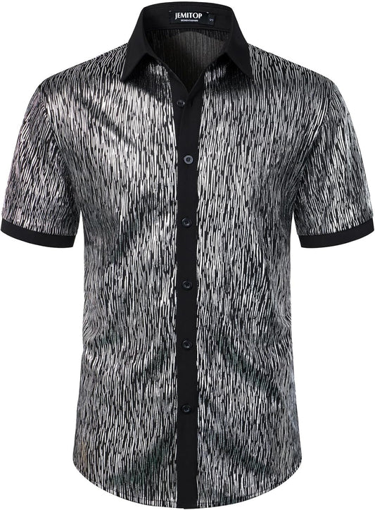 JEMITOP Men's Shiny Metallic Sequin Stretchy Short Sleeve Button Down Shirts for 70s Disco Party Halloween