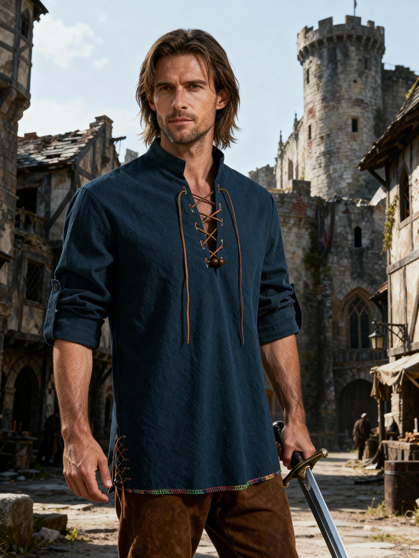 JEMITOP Men's Pure Cotton Retro Lace Up Shirts for Renaissance Pirate Viking Medieval