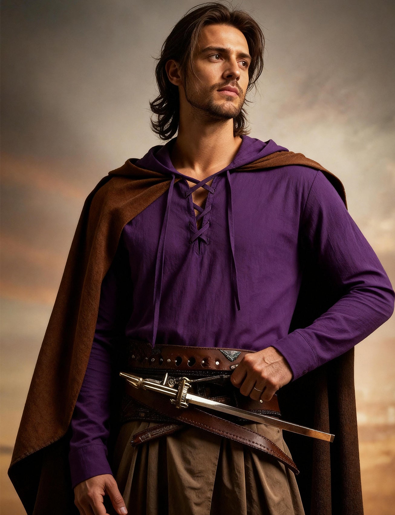 JEMITOP Men's Pure Cotton Retro Style Lace Up Hooded Shirts for Renaissance Pirate Viking Medieval Costume
