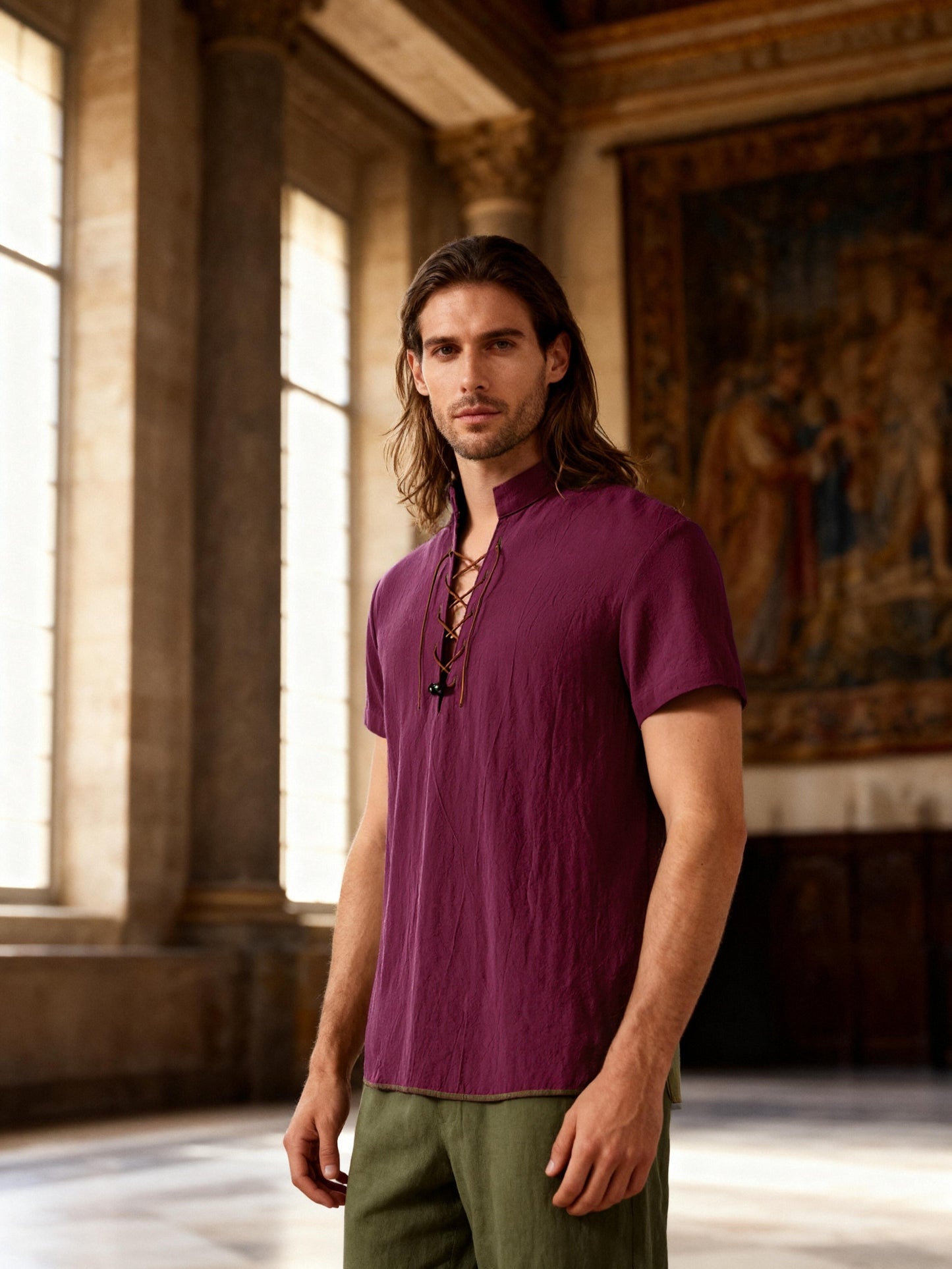 JEMITOP Men's Pure Cotton Vintage Short Sleeve Lace Up Shirts for Renaissance Pirate Viking Medieval Costume