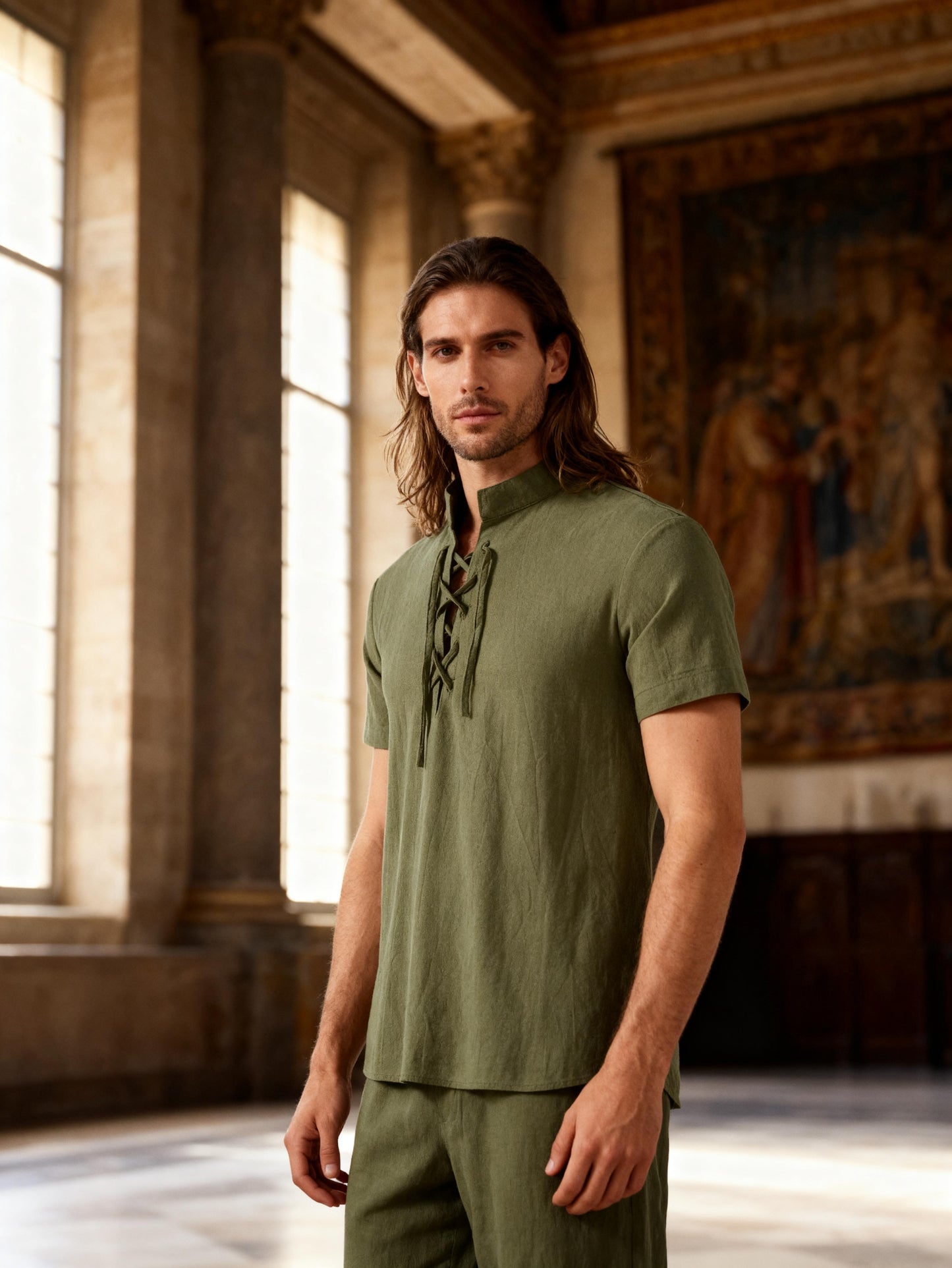 JEMITOP Men's Pure Cotton Vintage Short Sleeve Lace Up Shirts for Renaissance Pirate Viking Medieval Costume