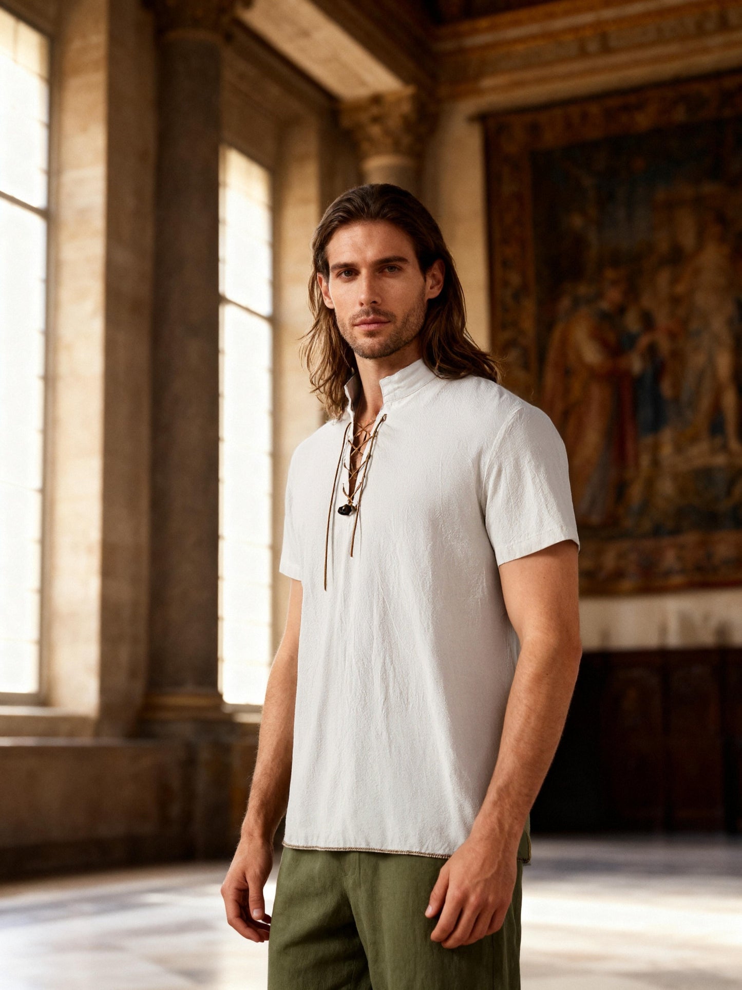 JEMITOP Men's Pure Cotton Vintage Short Sleeve Lace Up Shirts for Renaissance Pirate Viking Medieval Costume