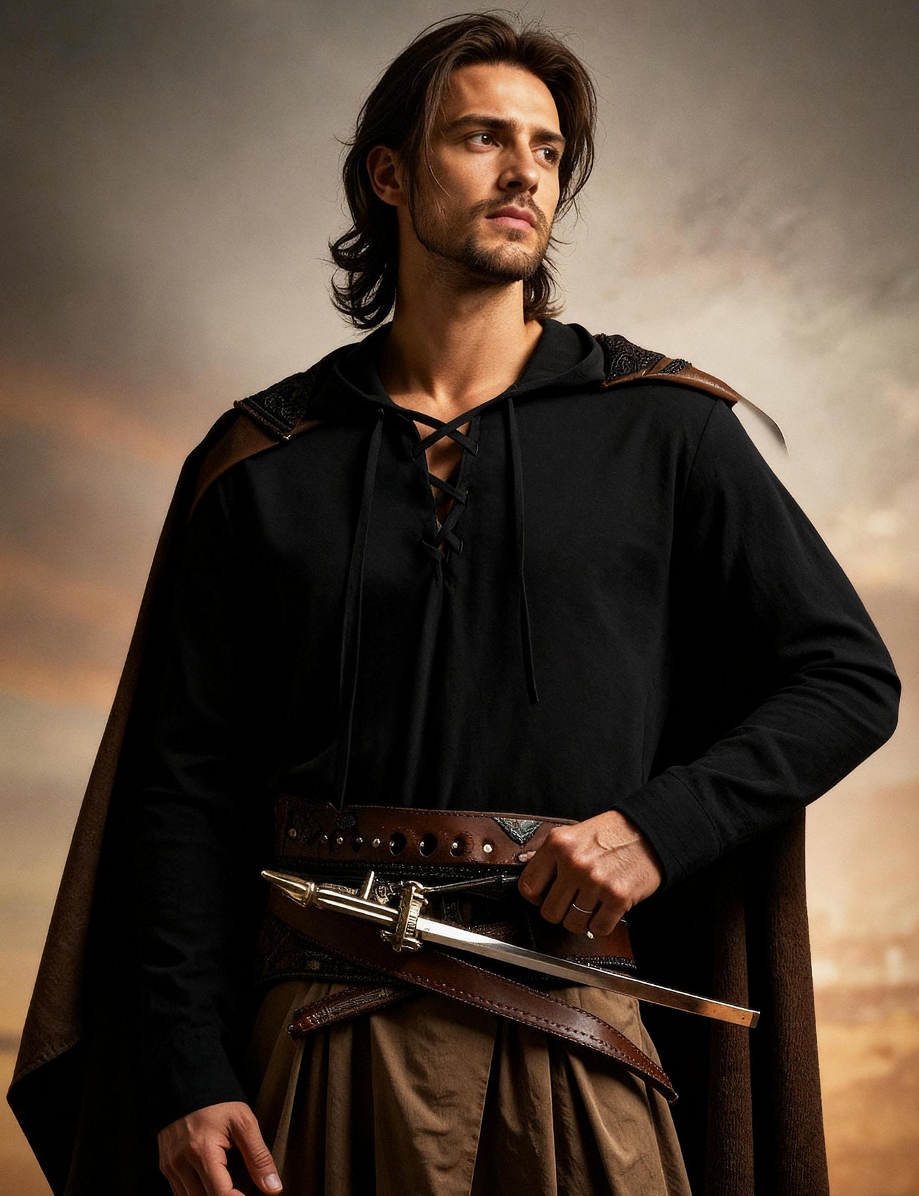 JEMITOP Men's Pure Cotton Retro Style Lace Up Hooded Shirts for Renaissance Pirate Viking Medieval Costume