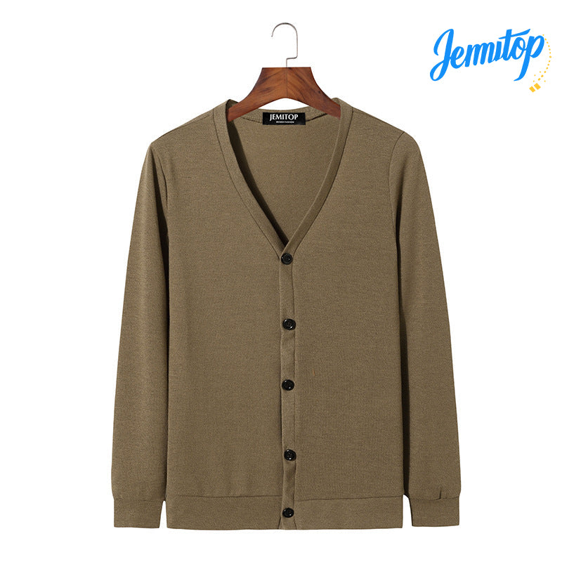 JEMITOP Men's Fashion Solid Color V-Neck Cardigan Knit Shirt