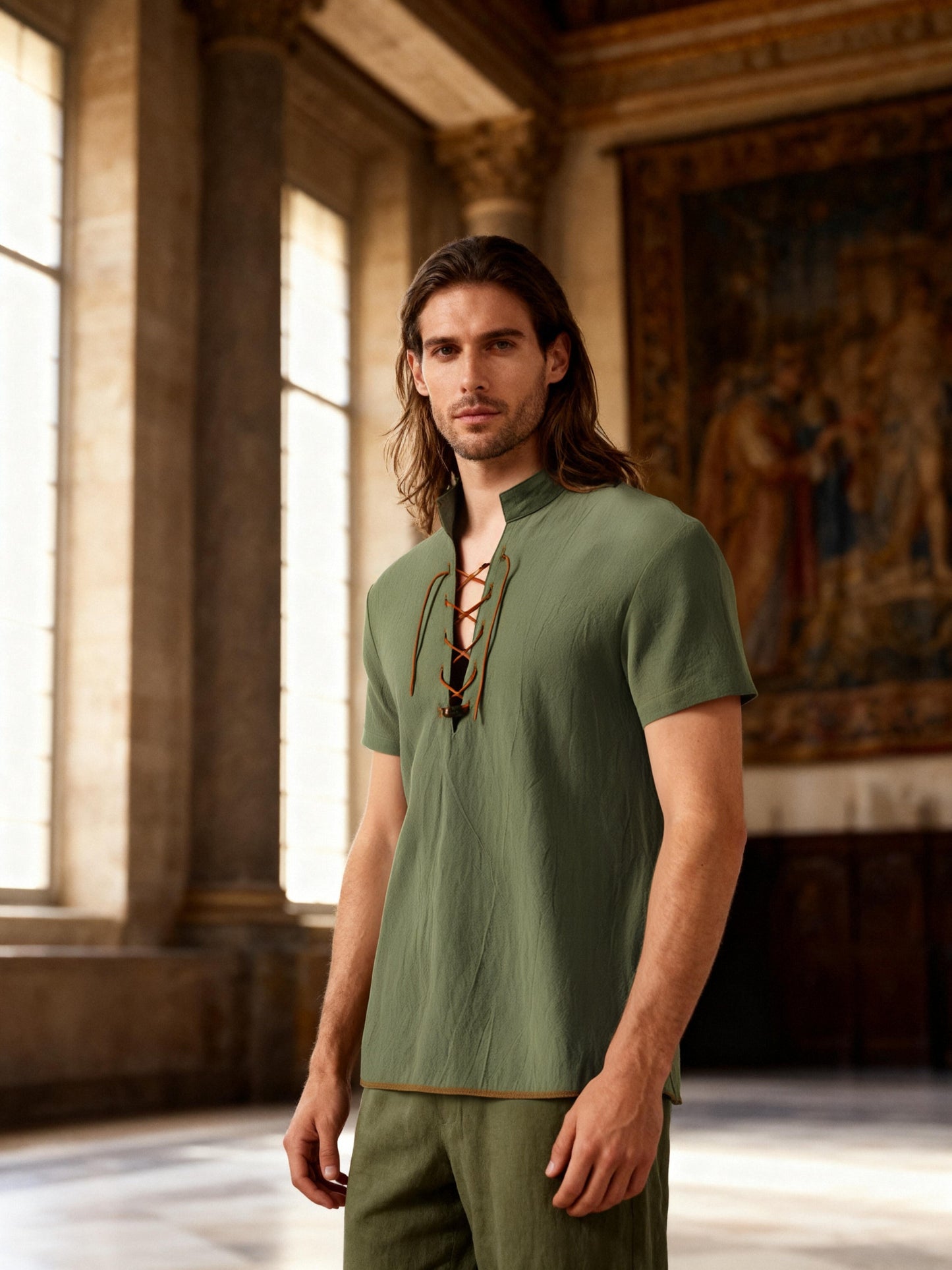 JEMITOP Men's Pure Cotton Vintage Short Sleeve Lace Up Shirts for Renaissance Pirate Viking Medieval Costume