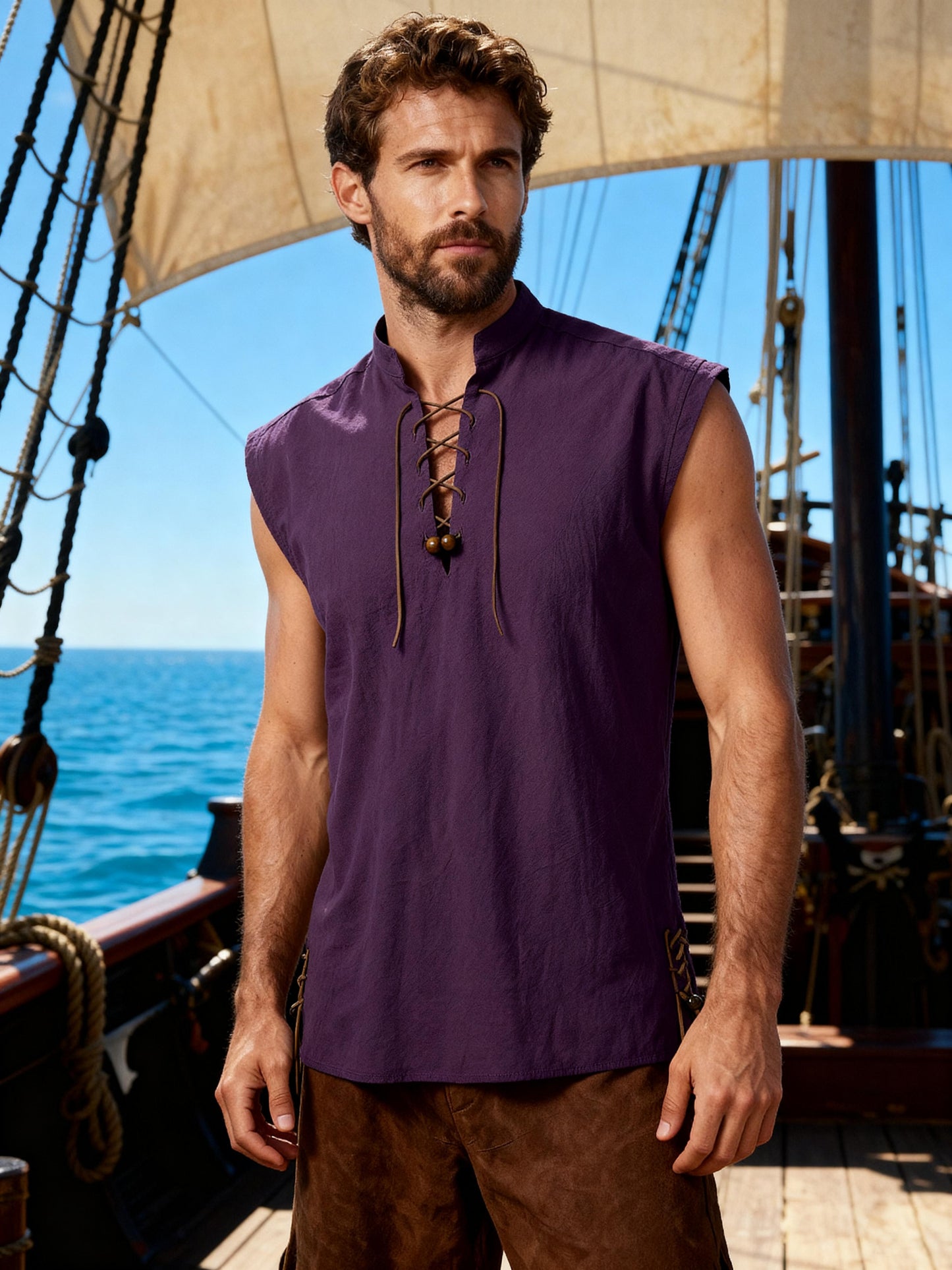 JEMITOP Men's Retro Pure Cotton Lace Up Sleeveless Shirts for Pirate Renaissance Medieval Viking Costume