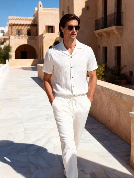 JEMITOP Men's 2 Piece Outfits Summer Relaxed Fit Walking Suit Casual Cuban Guayabera Shirt and Pants Set Beach Vacation
