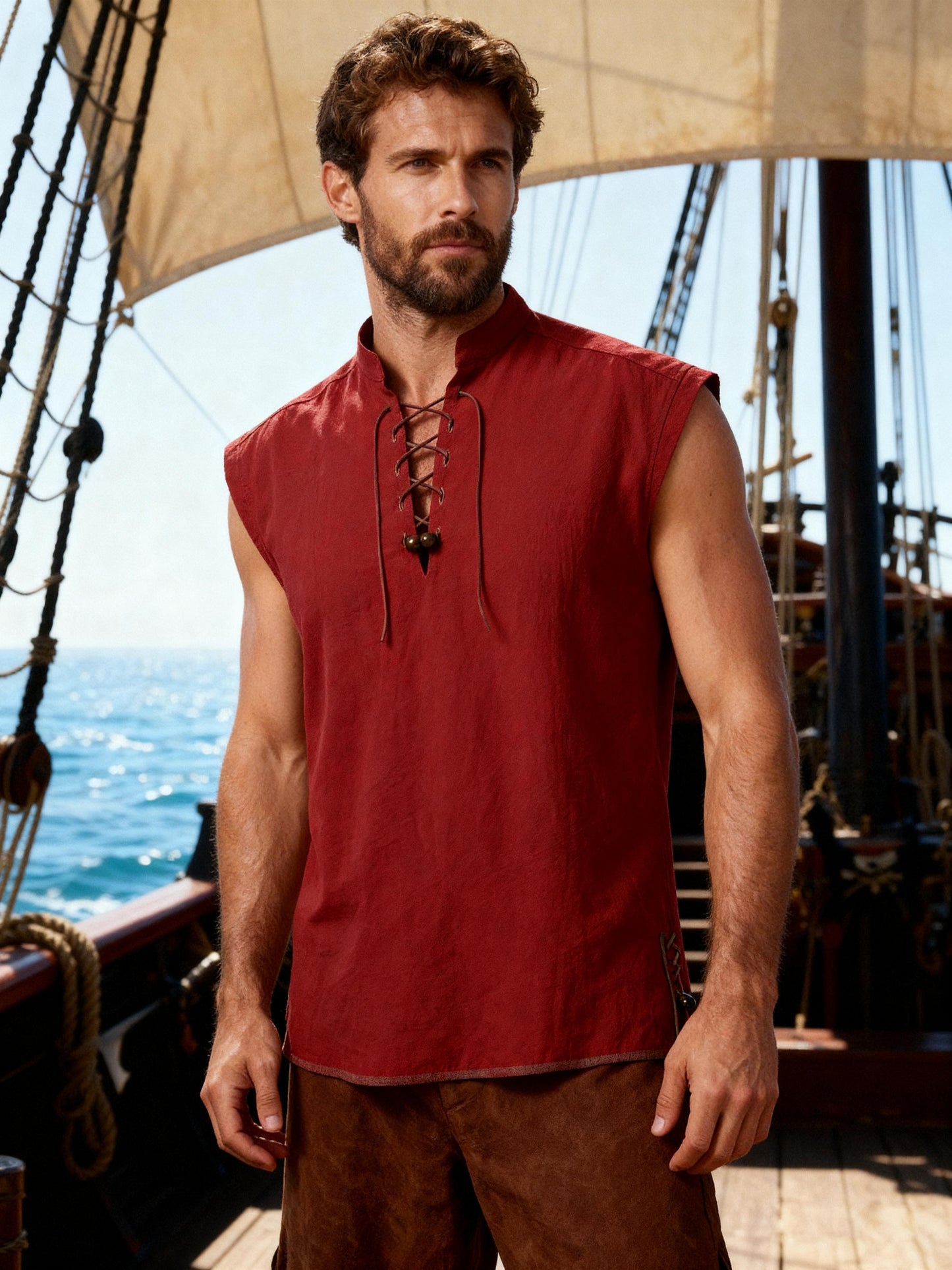 JEMITOP Men's Retro Pure Cotton Lace Up Sleeveless Shirts for Pirate Renaissance Medieval Viking Costume