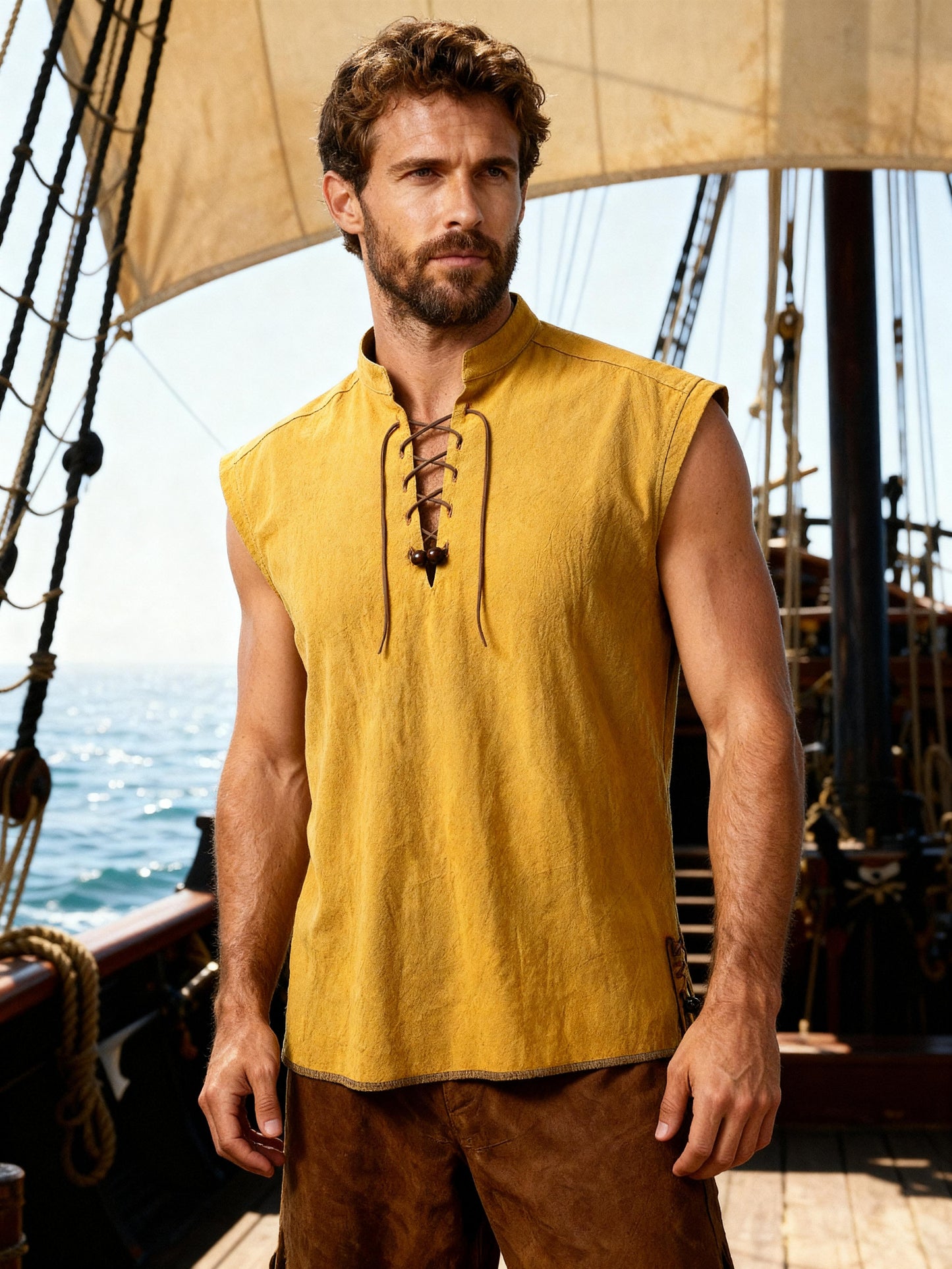 JEMITOP Men's Retro Pure Cotton Lace Up Sleeveless Shirts for Pirate Renaissance Medieval Viking Costume