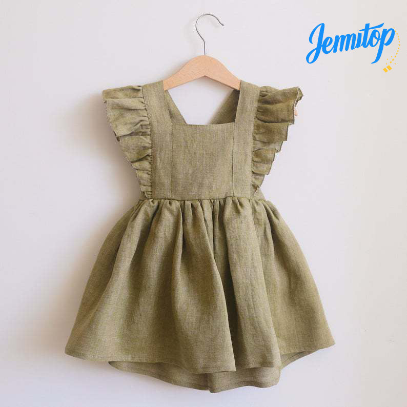 JEMITOP Girls' Summer Beach Dress with Bow Detail - Flared Cotton-Linen Sun Dress