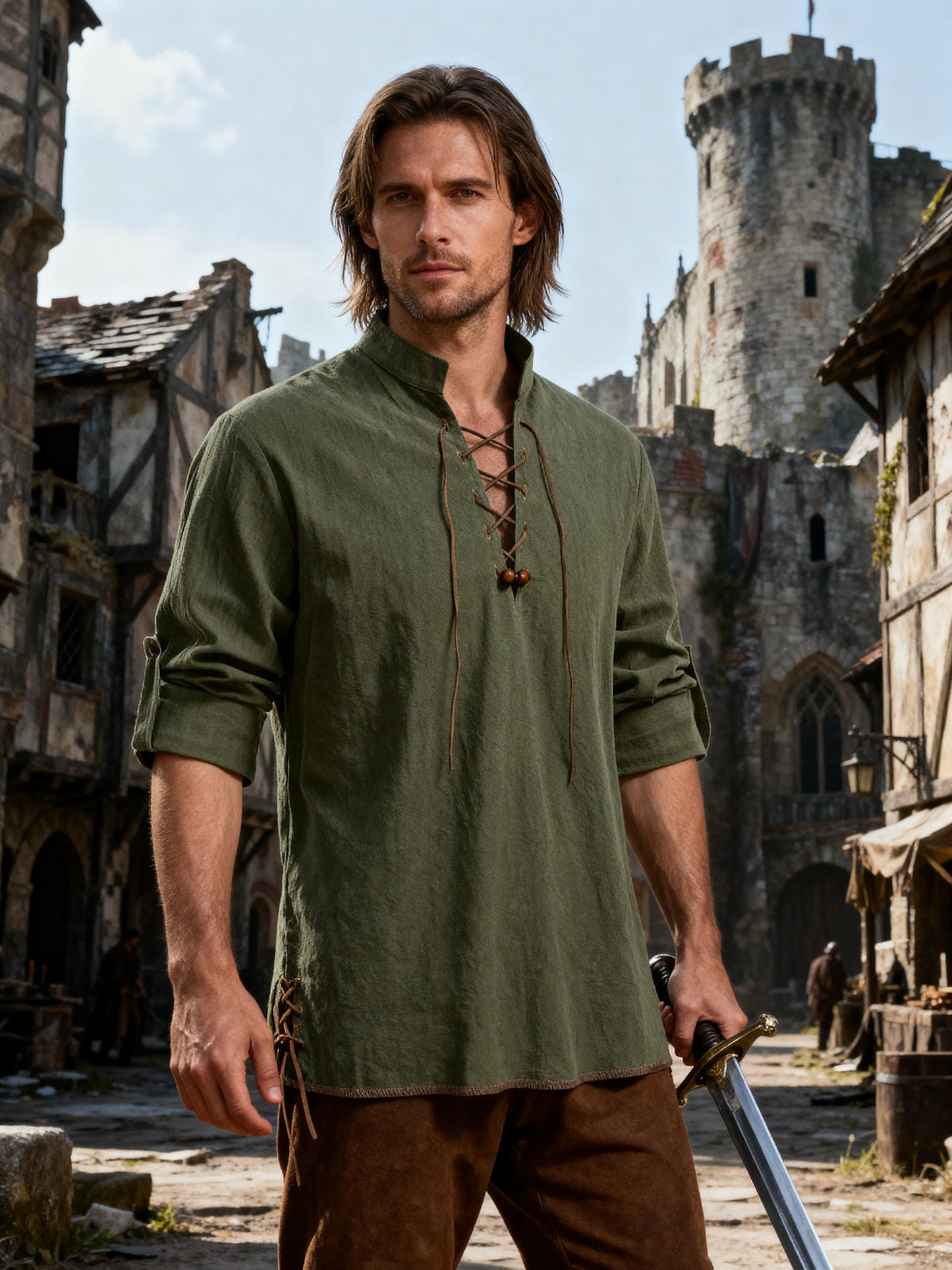 JEMITOP Men's Pure Cotton Retro Lace Up Shirts for Renaissance Pirate Viking Medieval