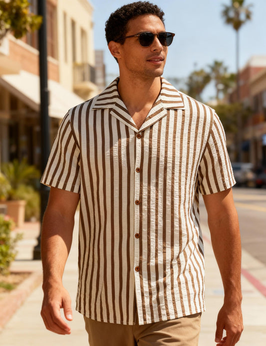 JEMITOP Men's Classic Striped Seersucker Cuban Collar Shirt Short Sleeve Button Down Texture Shirts for Beach Vacation