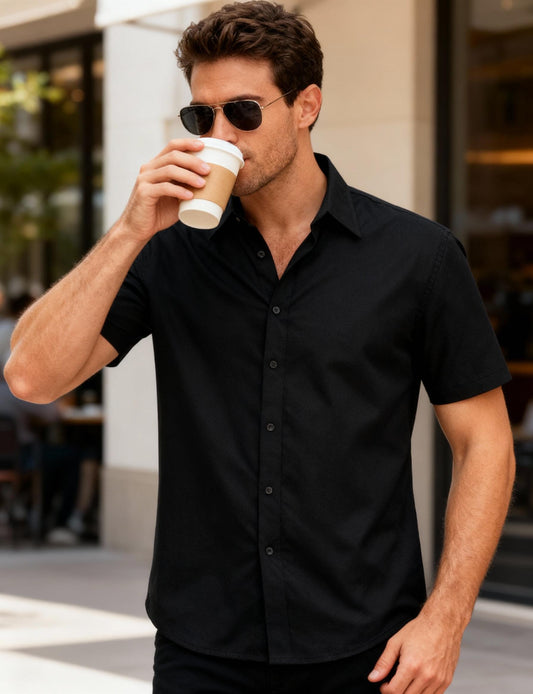 JEMITOP Men's Stretch Like Linen Short Sleeve Button Down Shirts Summer Casual Beach Vacation Wedding Texture Shirt